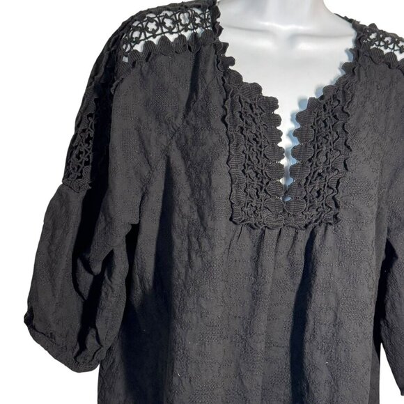 XCVI black tunic top size XL crochet v-neck 3/4 sleeves loose fit cotton - Picture 3 of 8